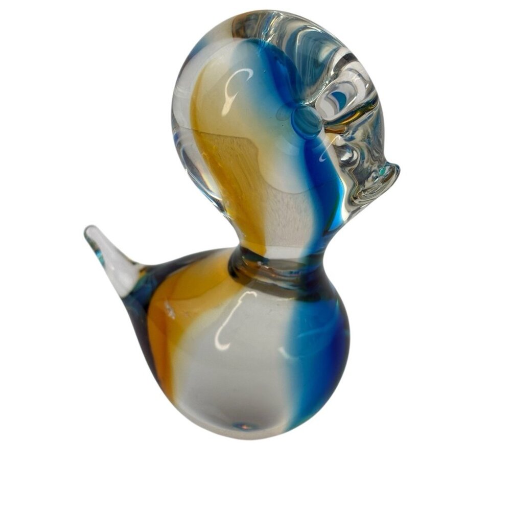 *1960's Chalet Canada Art Glass Duckling Blue Yellow Figurine Signed 4.5" Duck